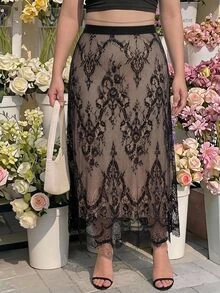 SHEIN MOD Plus Size Vintage Black Lace Trim Skirt, Retro Court Style Skirt, Elegant Romantic Lace Design Versatile A-Line Skirt - Black and White - View 10