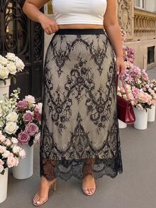 SHEIN MOD Plus Size Vintage Black Lace Trim Skirt, Retro Court Style Skirt, Elegant Romantic Lace Design Versatile A-Line Skirt - Black and White - View 3
