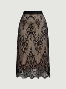 SHEIN MOD Plus Size Vintage Black Lace Trim Skirt, Retro Court Style Skirt, Elegant Romantic Lace Design Versatile A-Line Skirt - Black and White - View 9