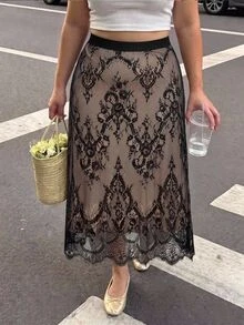 SHEIN MOD Plus Size Vintage Black Lace Trim Skirt, Retro Court Style Skirt, Elegant Romantic Lace Design Versatile A-Line Skirt - Black and White - View 5