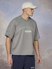 Emperor Men's Super Loose Gray Casual T-Shirt With White Contrast Stripes - Grey - View 3