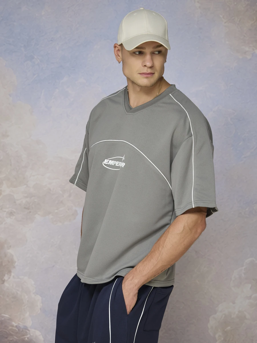 Emperor Men's Super Loose Gray Casual T-Shirt With White Contrast Stripes - Grey - View 1