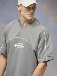 Emperor Men's Super Loose Gray Casual T-Shirt With White Contrast Stripes - Grey - View 4