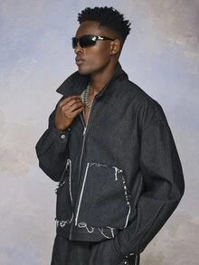 Emperor Men's Black Denim Frayed Edge Jacket, Autumn/Winter - Black - View 5