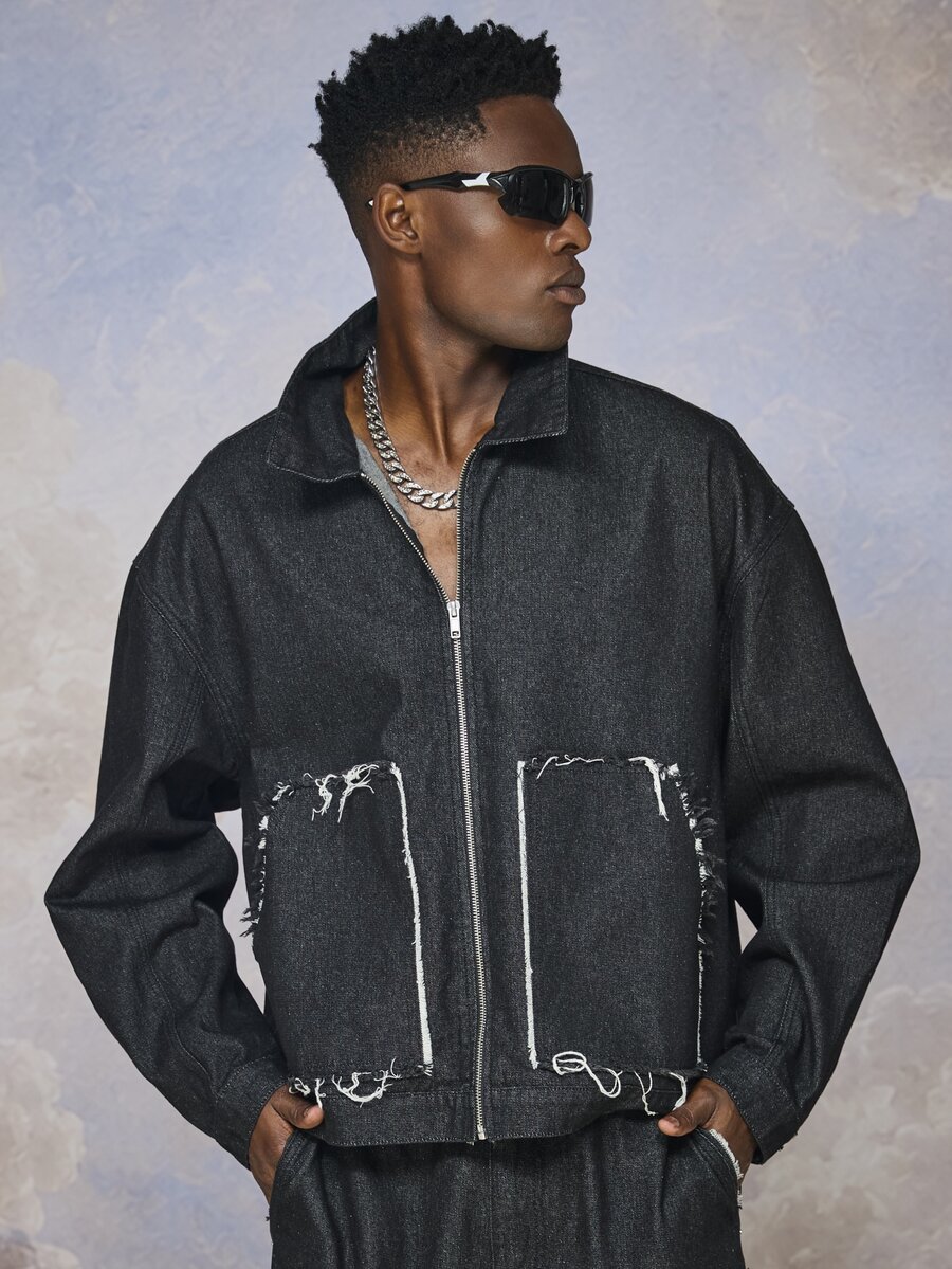 Emperor Men's Black Denim Frayed Edge Jacket, Autumn/Winter - Black - View 1