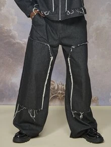 Emperor 男士寬鬆黑色牛仔褲，毛邊下擺 - 黑色 - 查看 3