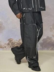 Emperor 男士寬鬆黑色牛仔褲，毛邊下擺 - 黑色 - 查看 1