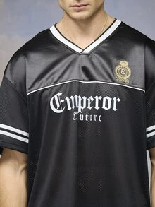 Emperor Men's Loose Fit Printed & Embroidered Short Sleeve T-Shirt - Black - View 5