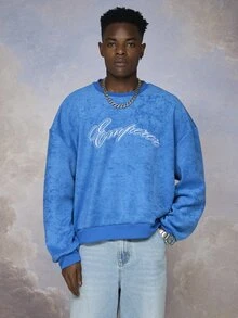 Emperor Sweater Pullover Pria Longgar Berbahan Handuk Biru dengan Bordir, Musim Gugur/Dingin - Biru - View 3
