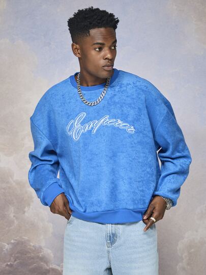 Emperor Men's Loose Fit Embroidered Blue Towel Pullover Sweater, Autumn/Winter