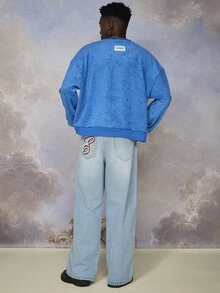 Emperor Sweater Pullover Pria Longgar Berbahan Handuk Biru dengan Bordir, Musim Gugur/Dingin - Biru - View 4