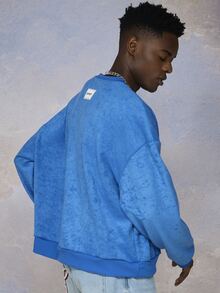 Emperor Sweater Pullover Pria Longgar Berbahan Handuk Biru dengan Bordir, Musim Gugur/Dingin - Biru - View 2
