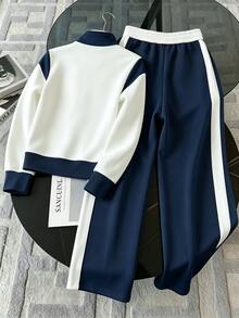 GlowEve 女款 2 件套運動服：拼色拉鍊領夾克 + 海軍藍抽繩寬腿長褲，START E 日常徒步、秋季休閒、健身、旅行適用 - 彩色 - 查看 2