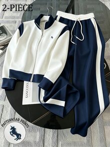 GlowEve 女款 2 件套運動服：拼色拉鍊領夾克 + 海軍藍抽繩寬腿長褲，START E 日常徒步、秋季休閒、健身、旅行適用 - 彩色 - 查看 1