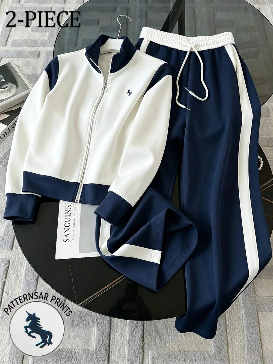 GlowEve 女款 2 件套運動服:拼色拉鍊領夾克 + 海軍藍抽繩寬腿長褲,START E 日常徒步、秋季休閒、健身、旅行適用 - 彩色 - 查看 1