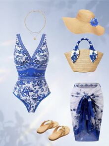 Swim Oasis 大尺碼藍白印花連身泳衣附網紗裙擺疊層(2件套)-成熟西式風格波希米亞海灘度假造型 - 彩色 - 查看 3