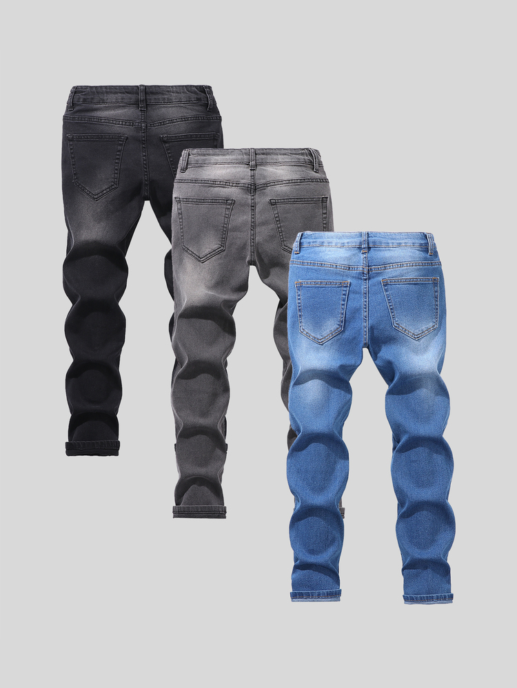 SHEIN 3pcs/Pack Boys' Denim Jeans Fashion Casual Baggy Comfortable Fabric Black Grey Blue Distressed Wash Versatile All-Match School Family Summer - Multicolor - View 2