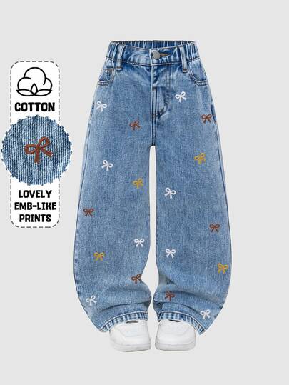 Jean en denim ample à jambes larges style décontracté et mignon pour tout-petits avec nœud doux, pantalon long confortable pour le jeu quotidien