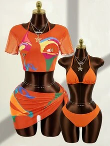 Zestiva 2026 New Retro Face Print Sexy Mesh 4-Piece Bikini Set Golf White Summer - Multicolor - View 1