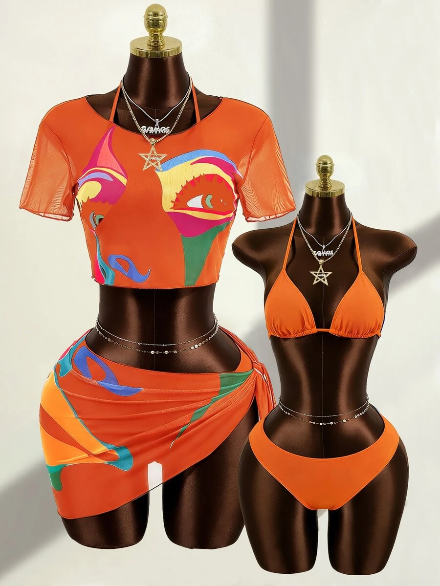 Zestiva 2026 New Retro Face Print Sexy Mesh 4-Piece Bikini Set Golf White Summer - Multicolor - View 1
