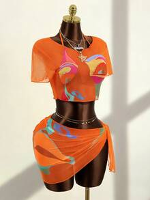 Zestiva 2026 New Retro Face Print Sexy Mesh 4-Piece Bikini Set Golf White Summer - Multicolor - View 4