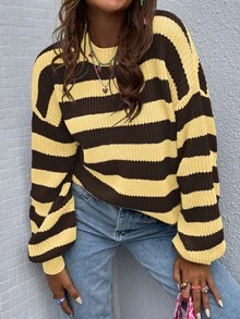 SHEIN 女款拼色休閒百搭日常穿著套頭毛衣 - 彩色 - 查看 2