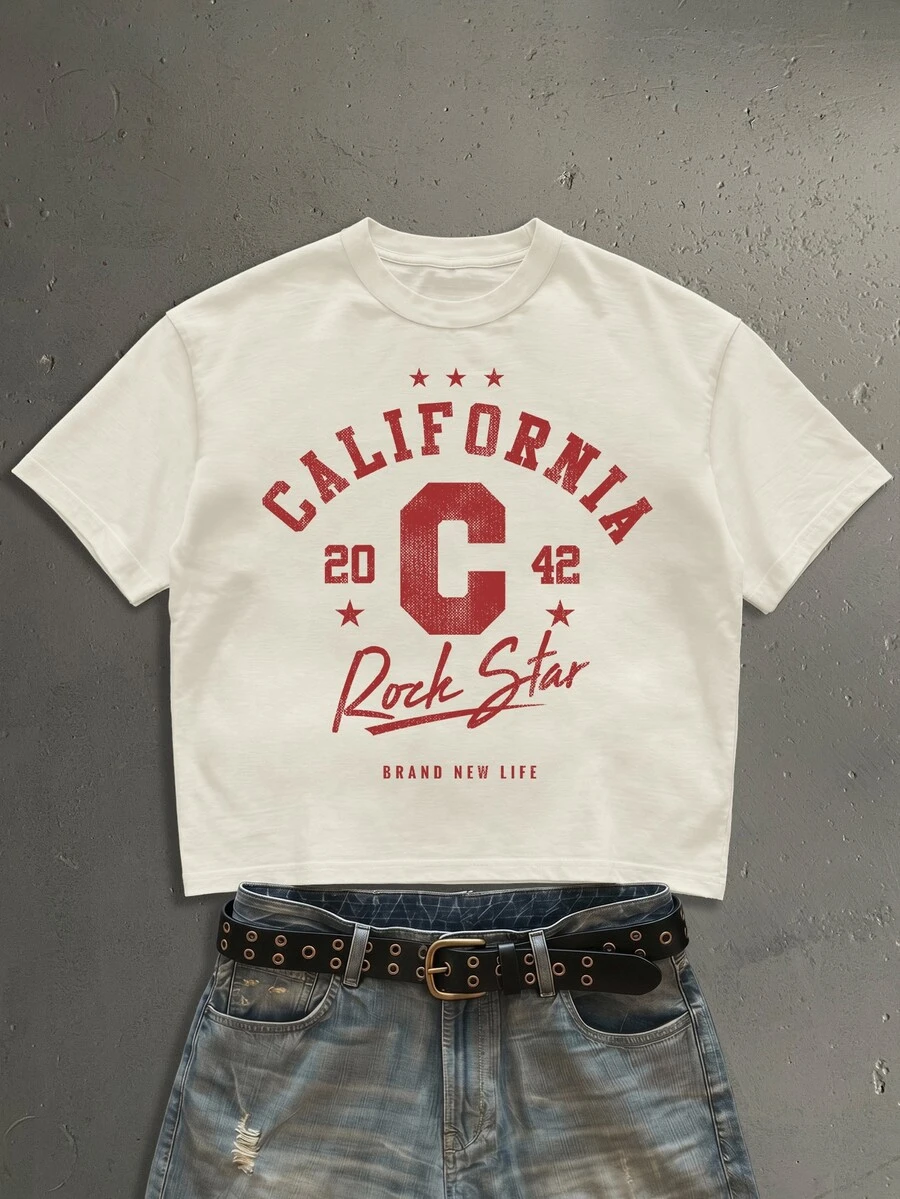 Salvezio American Vintage English Letter College Font Fashion Print Men's Apricot Standard Size Cropped Loose Fit Short Sleeve T-Shirt - Apricot - View 1