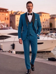 Officeau Men's 3pcs Dusty Blue Colorblock Shawl Collar Luxury Suits, Blazer& Vest& Trousers, Tuxedos For Wedding/ Evening/ Prom/ Party - Dusty Blue - View 8