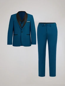 Officeau Men's 3pcs Dusty Blue Colorblock Shawl Collar Luxury Suits, Blazer& Vest& Trousers, Tuxedos For Wedding/ Evening/ Prom/ Party - Dusty Blue - View 4