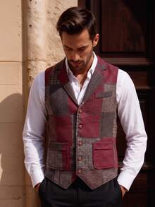 Officeau Men's Old Money Red Patchwork Contrast Color Waistcoat, For Business Formal/ Evening - Red - View 3