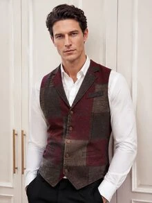 Officeau Men's Old Money Red Patchwork Contrast Color Waistcoat, For Business Formal/ Evening - Red - View 1