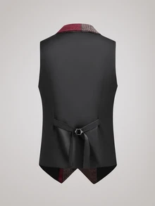 Officeau Men's Old Money Red Patchwork Contrast Color Waistcoat, For Business Formal/ Evening - Red - View 6