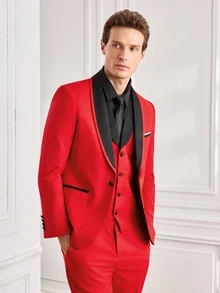 Officeau Men's 3pcs Red Colorblock Shawl Collar Luxury Suits, Blazer & Waistcoat & Pants, Tuxedos For Wedding/ Evening/ Prom - Red - View 4