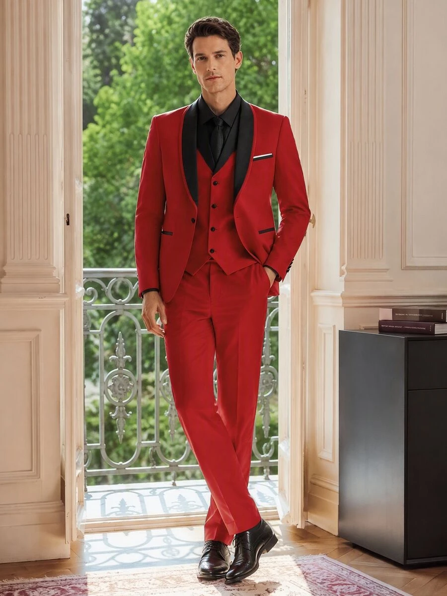 Officeau Men's 3pcs Red Colorblock Shawl Collar Luxury Suits, Blazer & Waistcoat & Pants, Tuxedos For Wedding/ Evening/ Prom