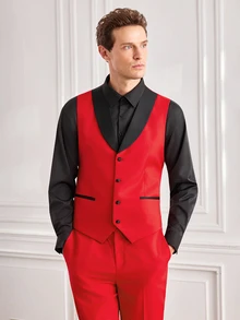 Officeau Men's 3pcs Red Colorblock Shawl Collar Luxury Suits, Blazer & Waistcoat & Pants, Tuxedos For Wedding/ Evening/ Prom - Red - View 6