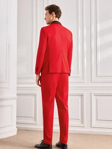 Officeau Men's 3pcs Red Colorblock Shawl Collar Luxury Suits, Blazer & Waistcoat & Pants, Tuxedos For Wedding/ Evening/ Prom - Red - View 5