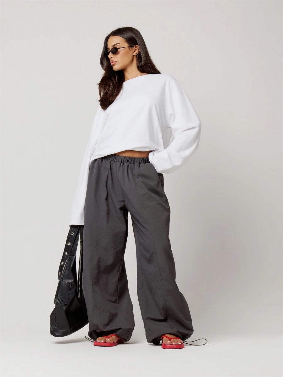 Musera Petite Elasticated Waist Nylon Parachute Trousers Autumn Winter Back To School Daily Everyday - Dark Grey - View 1