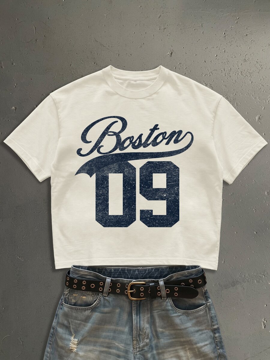 StoneGrade American Retro College Font Fashion Print Men's Apricot Standard Size Cropped Loose Fit Short Sleeve T-Shirt - Apricot - View 1