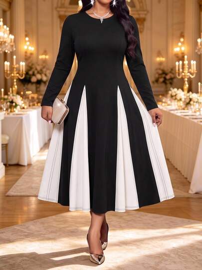 Fleurora Vestido elegante de talla grande para mujer con cuello redondo, manga larga y bloques de color