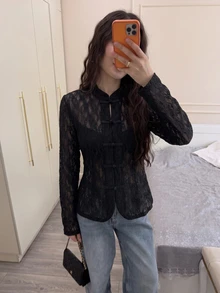 Modelyn 女款春秋新款中式立領盤扣蕾絲長袖修身開襟外套穆斯林外衣 - 黑色 - 查看 8