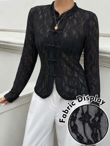 Modelyn 女款春秋新款中式立領盤扣蕾絲長袖修身開襟外套穆斯林外衣 - 黑色 - 查看 3