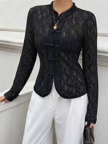 Modelyn 女款春秋新款中式立領盤扣蕾絲長袖修身開襟外套穆斯林外衣 - 黑色 - 查看 5