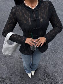 Modelyn 女款春秋新款中式立領盤扣蕾絲長袖修身開襟外套穆斯林外衣 - 黑色 - 查看 6