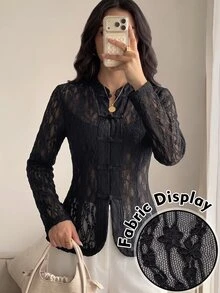 Modelyn 女款春秋新款中式立領盤扣蕾絲長袖修身開襟外套穆斯林外衣 - 黑色 - 查看 1