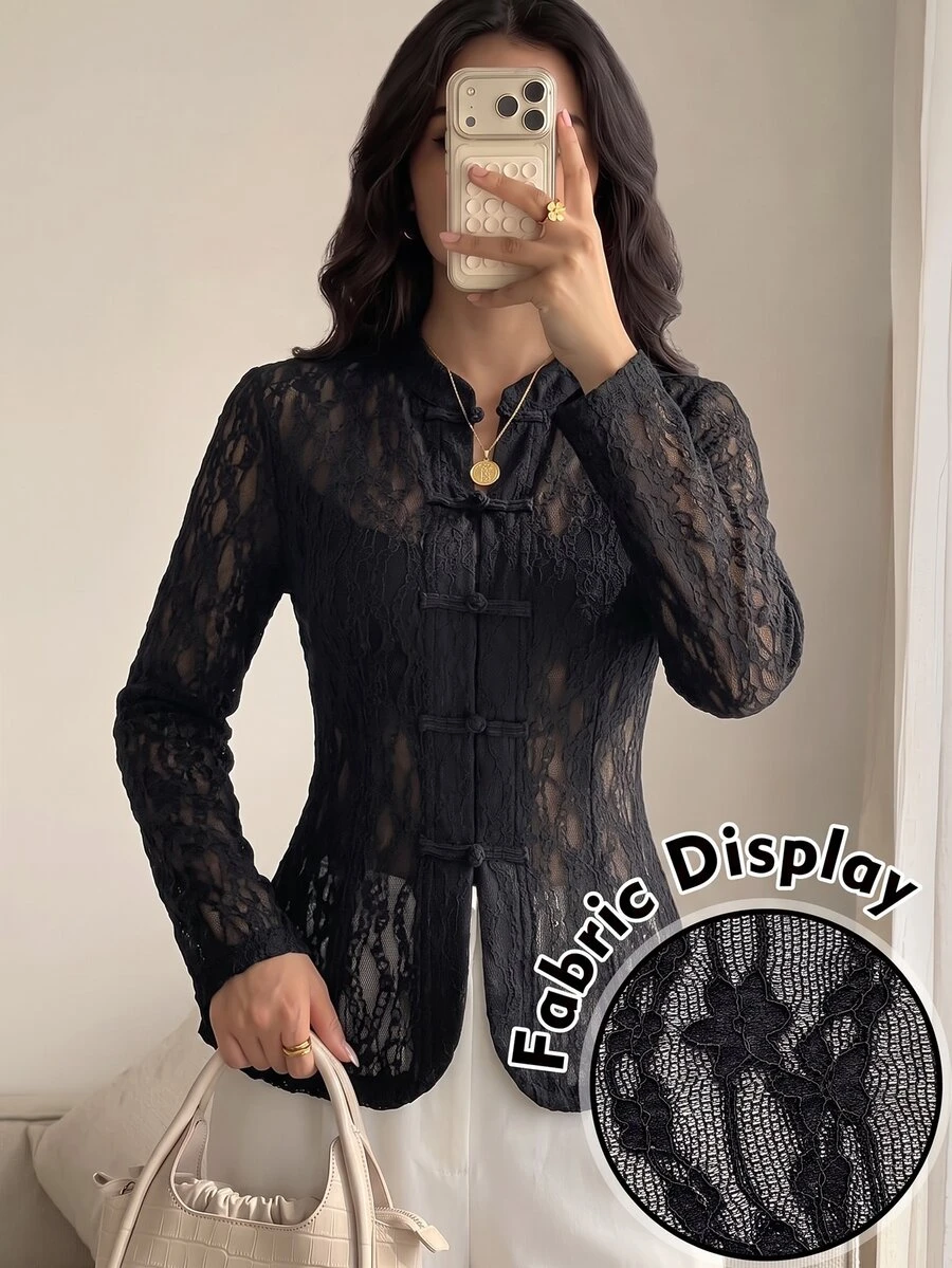 Modelyn 女款春秋新款中式立領盤扣蕾絲長袖修身開襟外套穆斯林外衣 - 黑色 - 查看 1