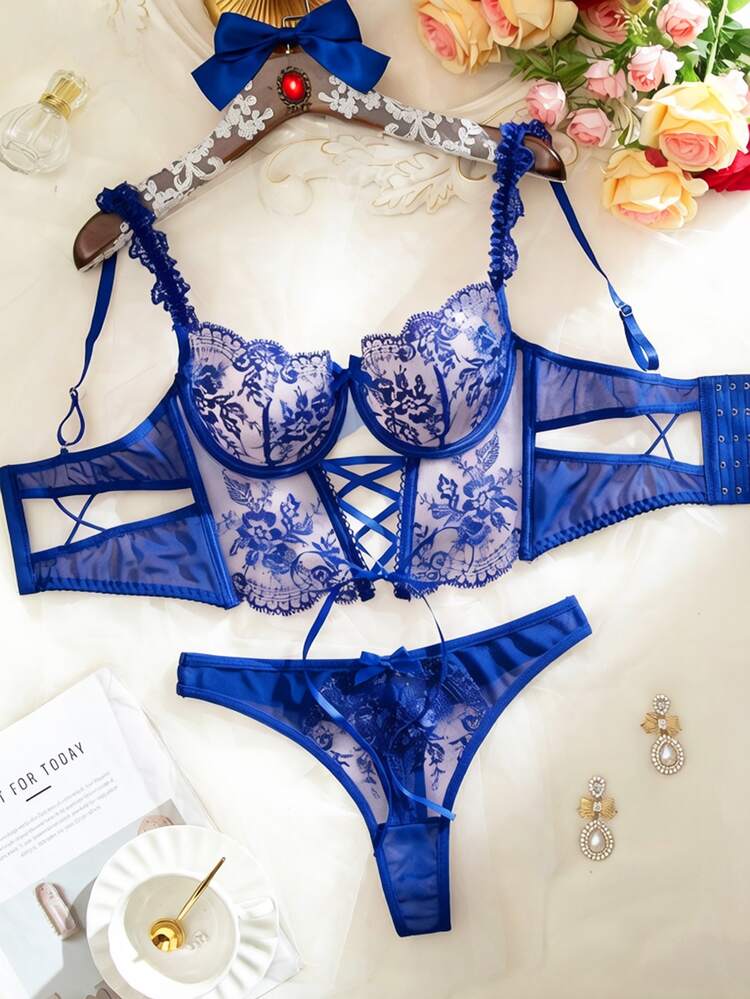 Crystal Vow Sexy Sheer Embroidered 2-Piece Set - Blue - View 1