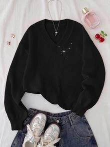 SHEIN 青少年女孩秋冬新款黑色V領休閒燈籠袖短版純色長袖針織毛衣，百搭返校季 - 黑色 - 查看 2