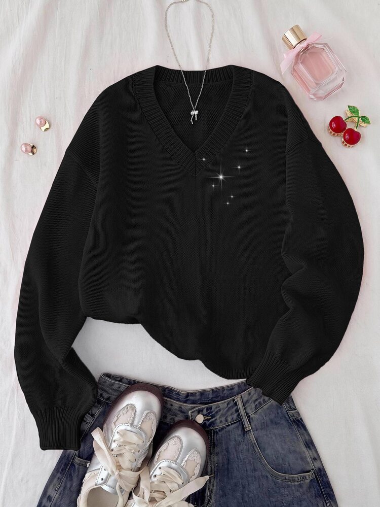 SHEIN Suéter de punto para adolescente chica, nuevo para otoño/invierno, color rosa, cuello en V, casual, manga farol corta, manga larga, unicolor, versátil, vuelta al colegio - Negro - Añade 2