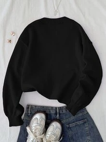 SHEIN 青少年女孩秋冬新款黑色V領休閒燈籠袖短版純色長袖針織毛衣，百搭返校季 - 黑色 - 查看 3