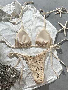 Costavie 泳装MOD两件套，纹理亮片挂脖文胸上衣和侧系带比基尼泳裤，性感女士泳装套装，适合春夏度假，钩针编织比基尼套装，白色亮片比基尼，亮片比基尼两件套泳衣，三角比基尼套装，女士沙滩装，两件套，两件套度假装，女士比基尼套装 - 彩色 - 查看 7